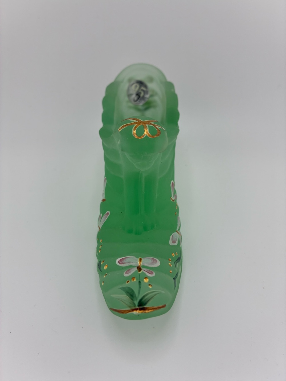 Fenton Green Frosted Glass Shoe with Pink Floral Accents and cat - Picture 3 of 8